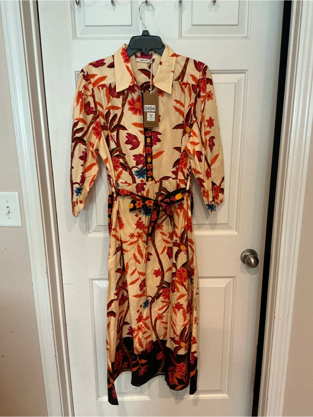 Floral Button-Front Midi Dress in Cream and Orange